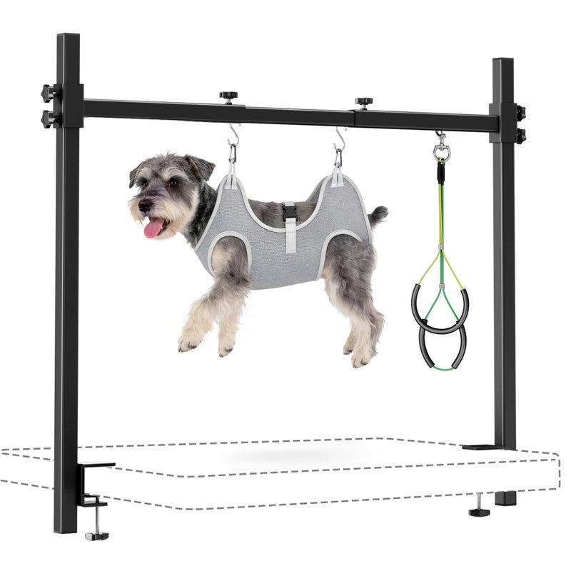 Josmimic Dog Grooming Arm for Table, S Size, Adjustable 42" Height & 31"â€“43" Width, H-Shape Stable Grooming Stand, Clamp Fits up to 2.76", with Hammock & 2 Nooses for Home Grooming & Nail Trimming - Image 1
