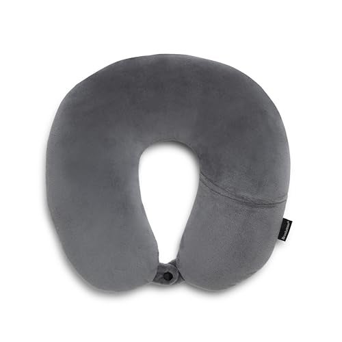 Brookstone Microbead Travel Head and Neck Pillow Lightweight and Plush with Phone or Headphone Pocket Dark Grey