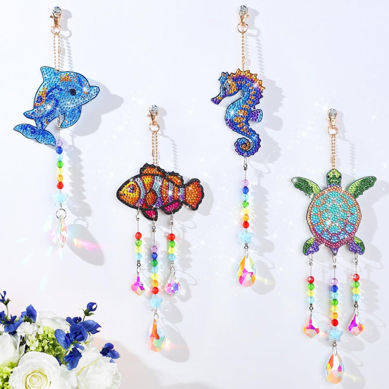 Diamond Art Kits for Kids Crafts Gifts for Girls 812 4 Pcs Double Sided Sea Animal Style Wind Chime Hanging Crystal Rhinestone Painting Ornament