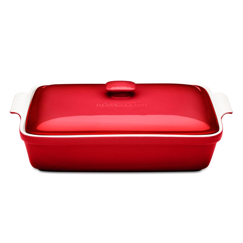 ROSSALLINI Stoneware Casserole Dish Bakeware Set with Lid, Covered Rectangular Dinnerware, Large 3.2 Quart, 11 by 9 Inch [Deep Red] - Image 1