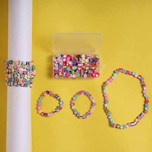 Ambitieux 10-Partition Rubber Beads Bracelet Making Kit for Kids | 10 Designs of Emoji, Heart, Flower, Butterfly Beads | Includes Elastic Thread & Mini Scissors | DIY Jewellery Craft Set for Girls & Boys - Image 4