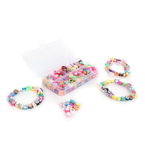 Ambitieux 10-Partition Rubber Beads Bracelet Making Kit for Kids | 10 Designs of Emoji, Heart, Flower, Butterfly Beads | Includes Elastic Thread & Mini Scissors | DIY Jewellery Craft Set for Girls & Boys - Image 3