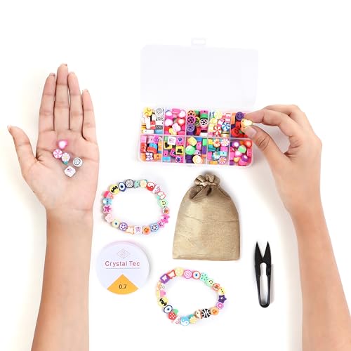 Ambitieux 10-Partition Rubber Beads Bracelet Making Kit for Kids | 10 Designs of Emoji, Heart, Flower, Butterfly Beads | Includes Elastic Thread & Mini Scissors | DIY Jewellery Craft Set for Girls & Boys - Image 5