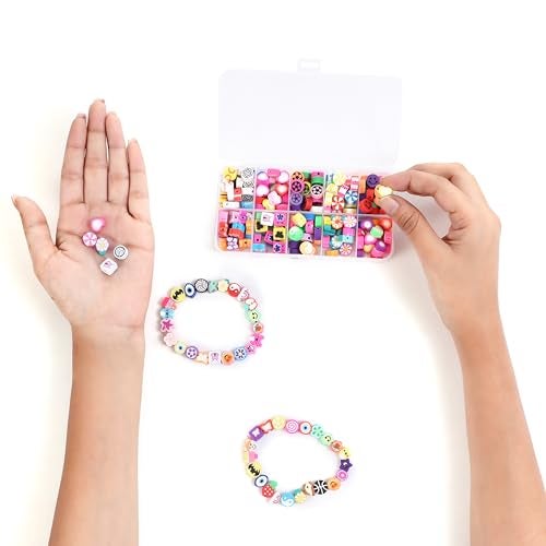 Ambitieux 10-Partition Rubber Beads Bracelet Making Kit for Kids | 10 Designs of Emoji, Heart, Flower, Butterfly Beads | Includes Elastic Thread & Mini Scissors | DIY Jewellery Craft Set for Girls & Boys - Image 2