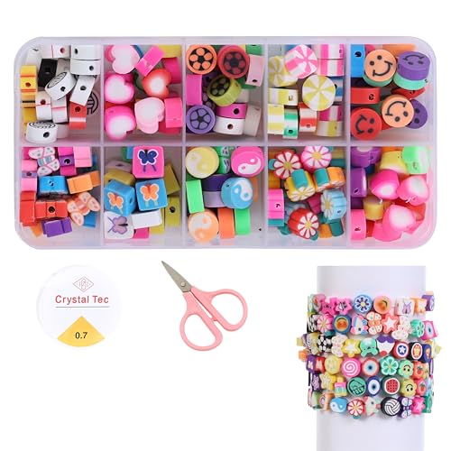 Ambitieux 10-Partition Rubber Beads Bracelet Making Kit for Kids | 10 Designs of Emoji, Heart, Flower, Butterfly Beads | Includes Elastic Thread & Mini Scissors | DIY Jewellery Craft Set for Girls & Boys - Image 1