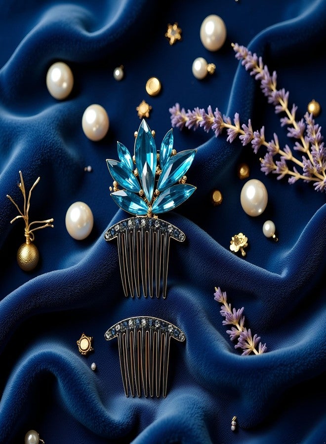 Tnyvm 2Pcs Blue Simple Minority Women Temperament Fashion Design All-Match Rhinestone Hair Comb Korean Style Headwear Accessories Seven-Tooth Comb, Hair Accessories - Image 3