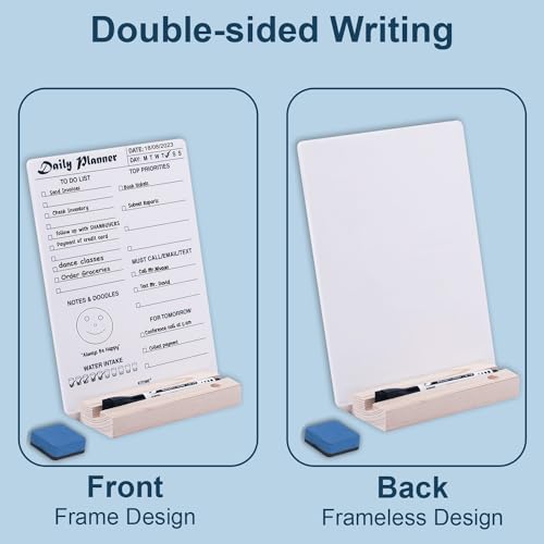 KITOME to Do List Planner – Acrylic Dry Erase Daily Planner Board (24x18 cm), Double-Sided Desk Organizer with Wooden Base, 1 Marker & Duster for Home, Office & Study Table. - Image 2