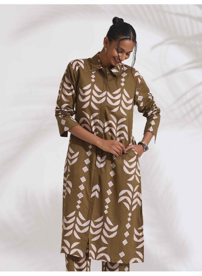 trueBrowns Olive Green Cotton Stripe Print Shirt Kurta Set - Image 1