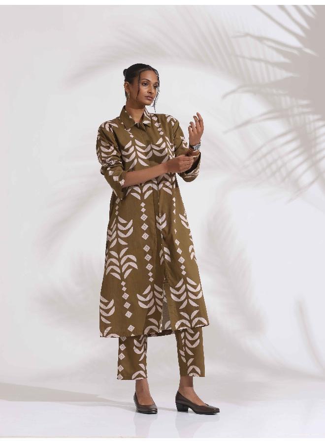 trueBrowns Olive Green Cotton Stripe Print Shirt Kurta Set - Image 3