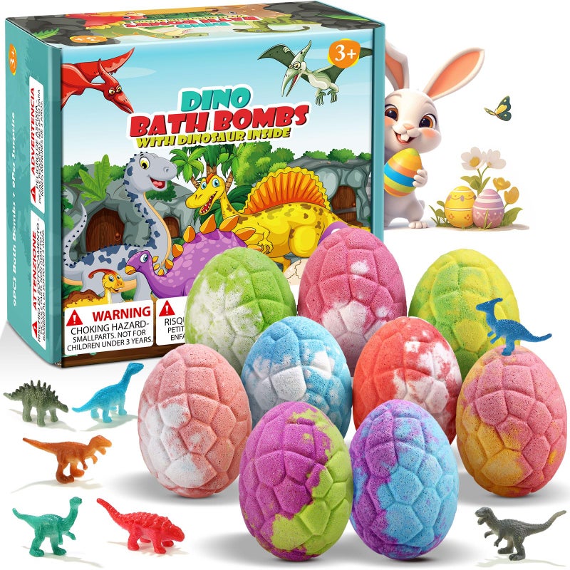 Qivatex Bath Bombs for Kids with Dinosaur Toys Inside, Easter Basket Stuffers, 9 Pack Natural Organic Dinosaur Bath Bombs Bubble Bath Gift Set, Birthday Easter Gifts for Kids - Image 1