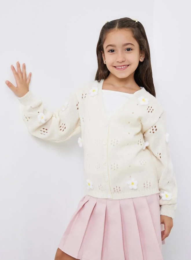 Styli Styli Girls Off White Flower Knit Cardigan