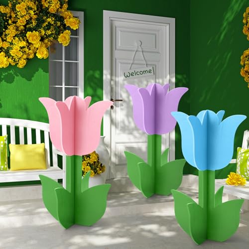 Vercraft 3 Pcs Spring Outdoor Tulip Decorations 3D Large Wooden Tulip Yard Signs Rustic Flower Porch Decorations for Home Spring Party Porch Yard Garden Front Door 1575 Inch - Image 1