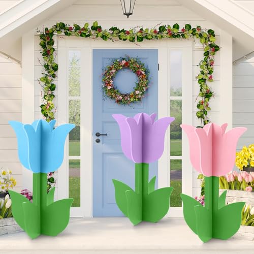 Vercraft 3 Pcs Spring Outdoor Tulip Decorations 3D Large Wooden Tulip Yard Signs Rustic Flower Porch Decorations for Home Spring Party Porch Yard Garden Front Door 1575 Inch - Image 3