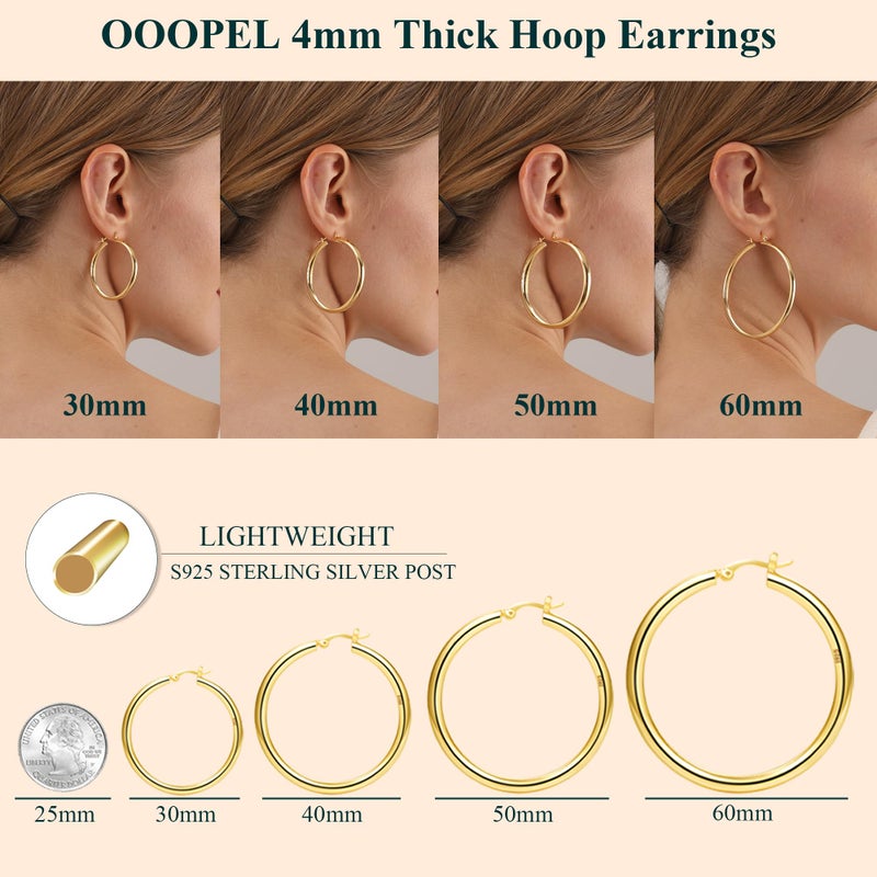 OOOPEL 4mm Thick Gold Chunky Earrings Steling Silver Post Hoops Earrings For Women Hollow Tube Hoops Earrings Thick Golden Hoop Earrings Hypoallergenic Lightweight Gold Hoop Large Earrings 20/30/40/50/60MM - Image 4