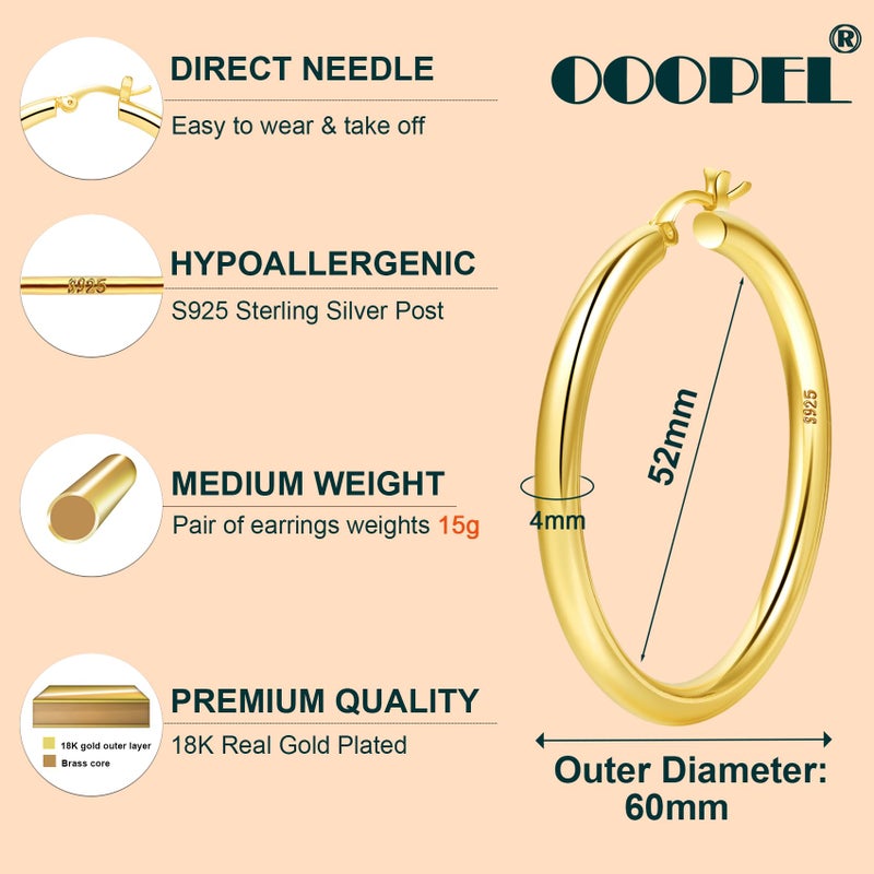 OOOPEL 4mm Thick Gold Chunky Earrings Steling Silver Post Hoops Earrings For Women Hollow Tube Hoops Earrings Thick Golden Hoop Earrings Hypoallergenic Lightweight Gold Hoop Large Earrings 20/30/40/50/60MM - Image 3