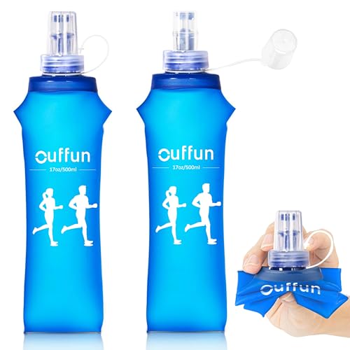 Ouffun عبوة ماء ناعمة 2 حزمة، زجاجة قابلة للطي من TPU زجاجات قابلة للطي لحزمة الترطيب، خالية من BPA، زجاجة ماء خفيفة الوزن للجري والرياضات الخارجية مثل المشي وركوب الدراجات وتسلق الجبال والجري (17 أونصة / 500 مل) - Image 1