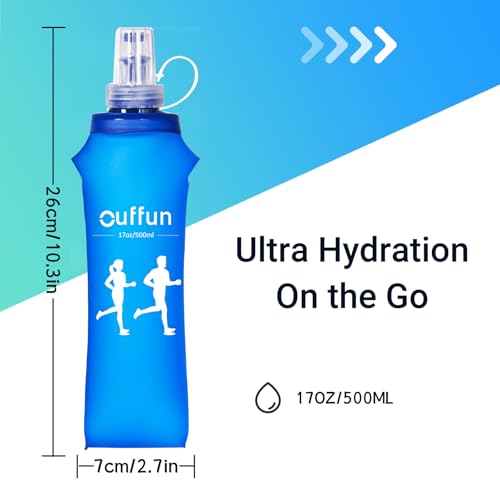 Ouffun عبوة ماء ناعمة 2 حزمة، زجاجة قابلة للطي من TPU زجاجات قابلة للطي لحزمة الترطيب، خالية من BPA، زجاجة ماء خفيفة الوزن للجري والرياضات الخارجية مثل المشي وركوب الدراجات وتسلق الجبال والجري (17 أونصة / 500 مل) - Image 3