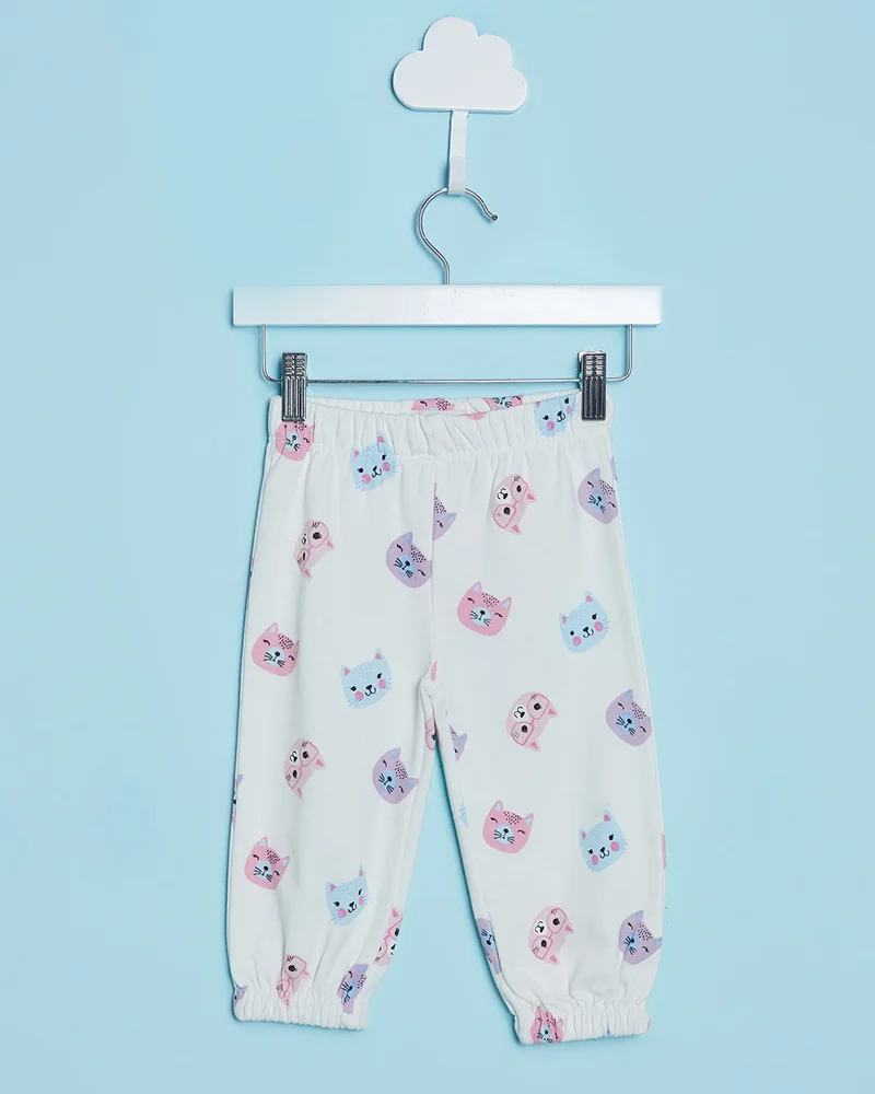 REDTAG Infant Girls White Cat Print Active Pants