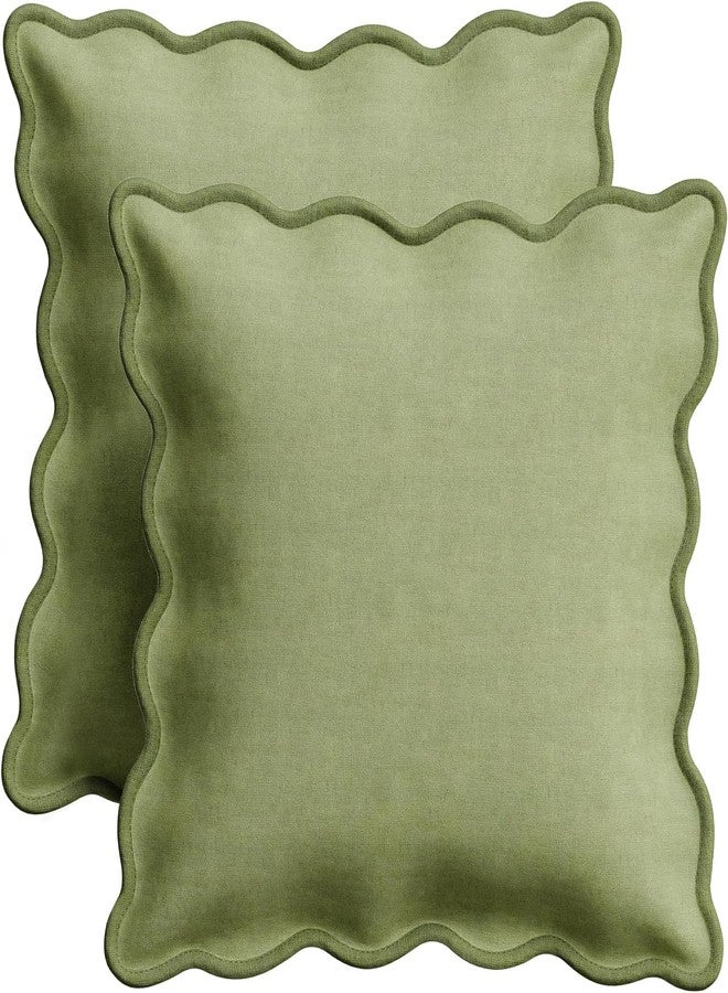 Orelle Scalloped Pillow Cover Set of 2 | Linen Cotton | 18x18 | Sage Green - Image 1