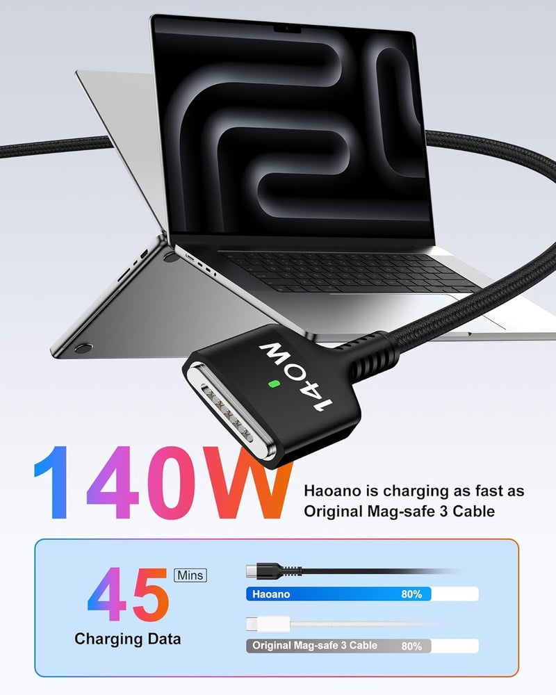 كابل USB-C إلى MagSafe 3 للشحن السريع بطول 6 أقدام، 140 واط Type C مغناطيسي 3 كابل شاحن MacBook Pro لجهاز Apple MacBook Pro مقاس 14 بوصة/16 بوصة 2024 M4 Pro&Max، 2021 M1، Macbook Air 2025 M4، 2024 M3، 2023 M2 - كابل Safe 3. - Image 3