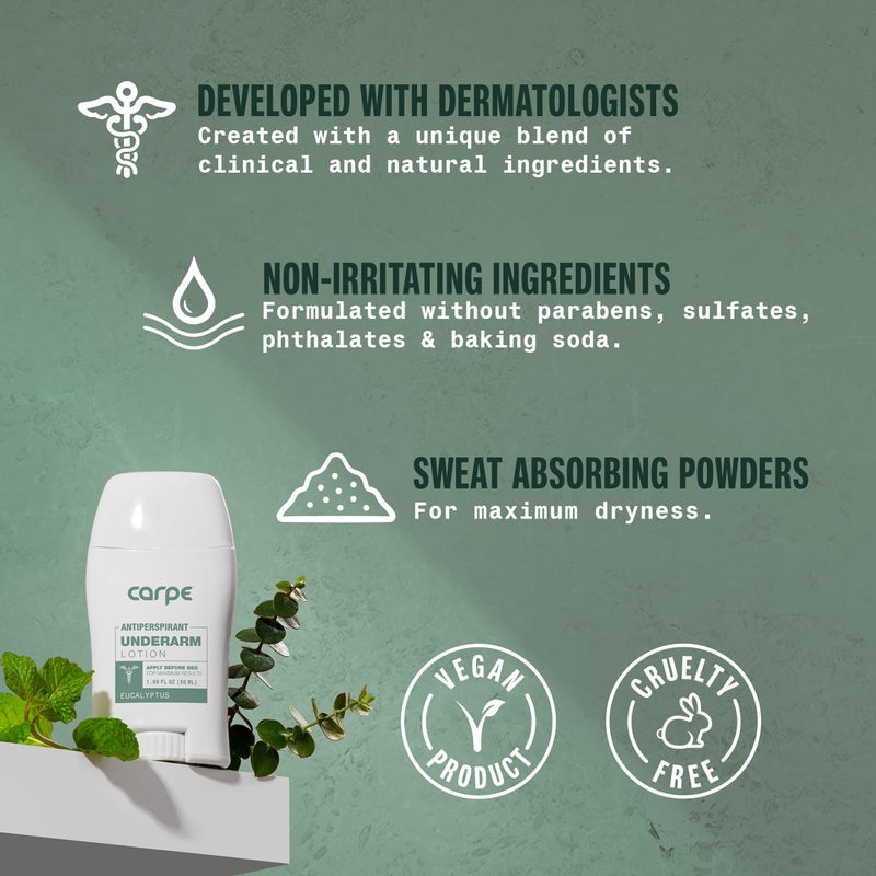 Carpe Carpe Underarm Antiperspirant and Deodorant, Clinical strength antiperspirant with all-natural eucalyptus scent, Combat excessive sweating and stay fresh. Great for hyperhidrosis (Pack of 2) - Image 3