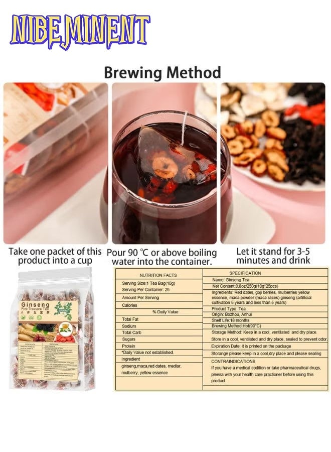 NIBEMINENT Ginseng Five Treasure Tea，Natural Raw Materials Such as Red Dates, Wolfberries, Mulberries, Astragalus, Ginseng, etc.5g*20  - Image 4