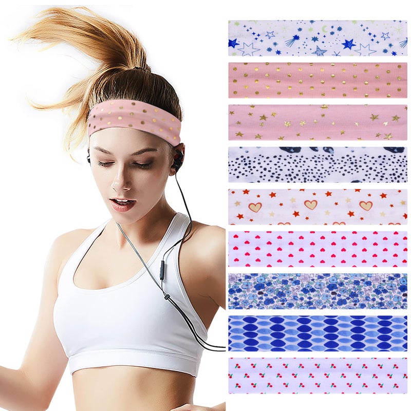 HAUCA Work Headbands for Women 9Pcs, Cotton Like Headbands 2.5 inch Wide, Soft Sweat Wicking Stretchy Head Band for Cycling Biking Gym Sports Yoga Running Skincare (Patten) - Image 1