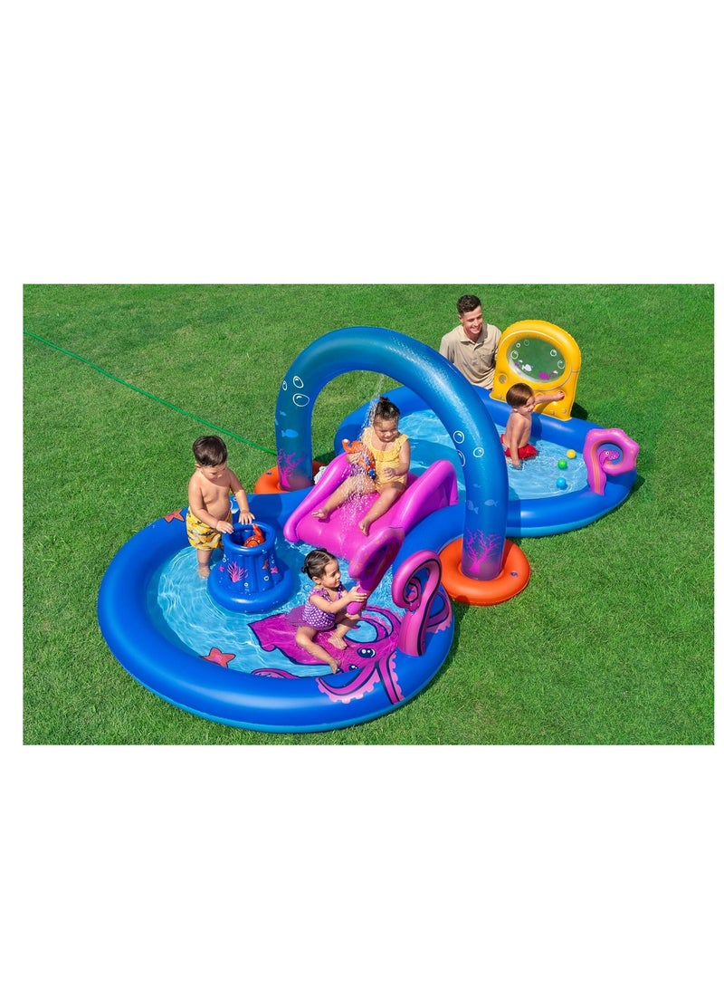 Bestway Playcentre Sea Odyssey 330X188X117cm, Outdoor & Indoor Relaxation & Play, Deep sea theme, Removable Slide With Tie Ropes & Grommets Arch Sprinkler Sling Shot, Easy-to-use - Image 2