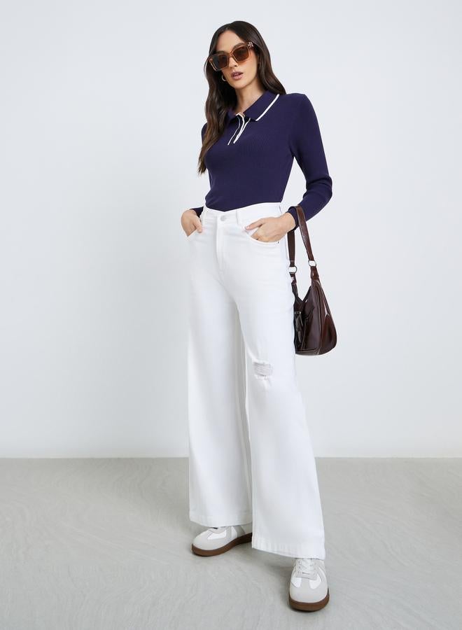 ستايلي جينز واسع الساق بخصر مرتفع مع تخفيف خفيف - Image 2