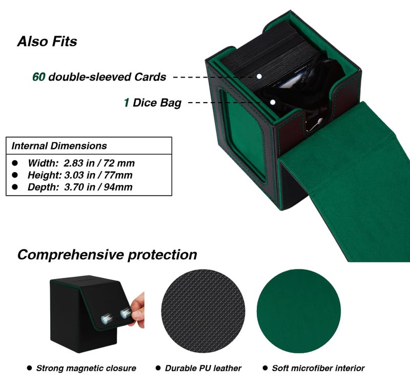 Venssu MTG Deck Box for Commander Display,Card Deck Box Fits 100 Double Sleeved Cards, TCG Card Storage Box (Black and Green, 1 window) - Image 3