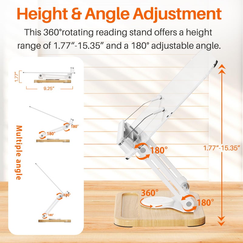 BYMECOST Acrylic Book Stand for Reading, 360Â°Rotating Book Holder with Pen Slot, Adjustable Height and Angle, Elastic Clips for Cookbook Stand, Foldable Desktop Riser for Laptop,Tablet,Recipe,Magazine - Image 4