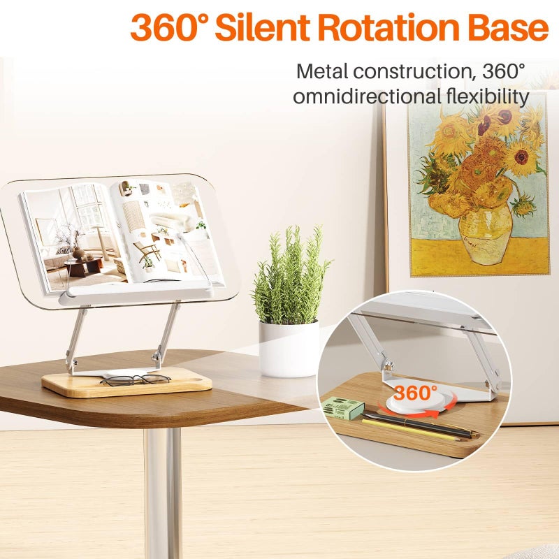 BYMECOST Acrylic Book Stand for Reading, 360Â°Rotating Book Holder with Pen Slot, Adjustable Height and Angle, Elastic Clips for Cookbook Stand, Foldable Desktop Riser for Laptop,Tablet,Recipe,Magazine - Image 5