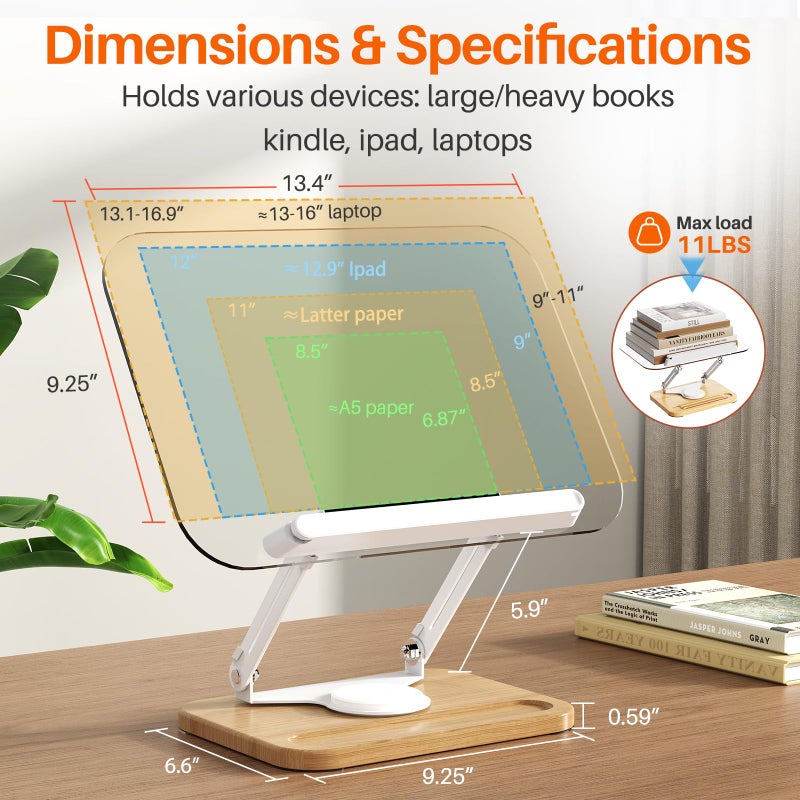 BYMECOST Acrylic Book Stand for Reading, 360Â°Rotating Book Holder with Pen Slot, Adjustable Height and Angle, Elastic Clips for Cookbook Stand, Foldable Desktop Riser for Laptop,Tablet,Recipe,Magazine - Image 2