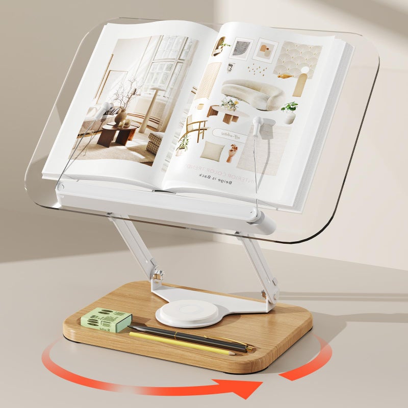 BYMECOST Acrylic Book Stand for Reading, 360Â°Rotating Book Holder with Pen Slot, Adjustable Height and Angle, Elastic Clips for Cookbook Stand, Foldable Desktop Riser for Laptop,Tablet,Recipe,Magazine - Image 1