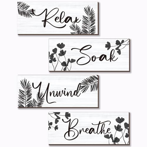 ONIZHITY 4 Pcs Farmhouse Bathroom Wall Decors Relax Soak Unwind Breathe Wooden Word Sign Black Hanging Wall Art Rustic Office Wall Decor for Bedroom Living Room Vintage Decorations(Black Leaves 10X4 Inch) - Image 1