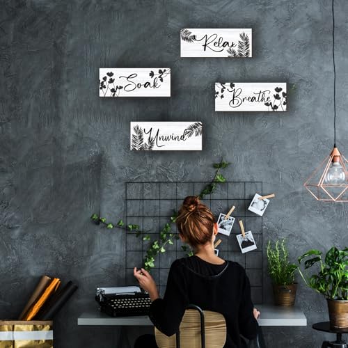 ONIZHITY 4 Pcs Farmhouse Bathroom Wall Decors Relax Soak Unwind Breathe Wooden Word Sign Black Hanging Wall Art Rustic Office Wall Decor for Bedroom Living Room Vintage Decorations(Black Leaves 10X4 Inch) - Image 3