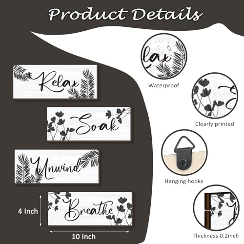 ONIZHITY 4 Pcs Farmhouse Bathroom Wall Decors Relax Soak Unwind Breathe Wooden Word Sign Black Hanging Wall Art Rustic Office Wall Decor for Bedroom Living Room Vintage Decorations(Black Leaves 10X4 Inch) - Image 4