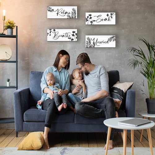 ONIZHITY 4 Pcs Farmhouse Bathroom Wall Decors Relax Soak Unwind Breathe Wooden Word Sign Black Hanging Wall Art Rustic Office Wall Decor for Bedroom Living Room Vintage Decorations(Black Leaves 10X4 Inch) - Image 2