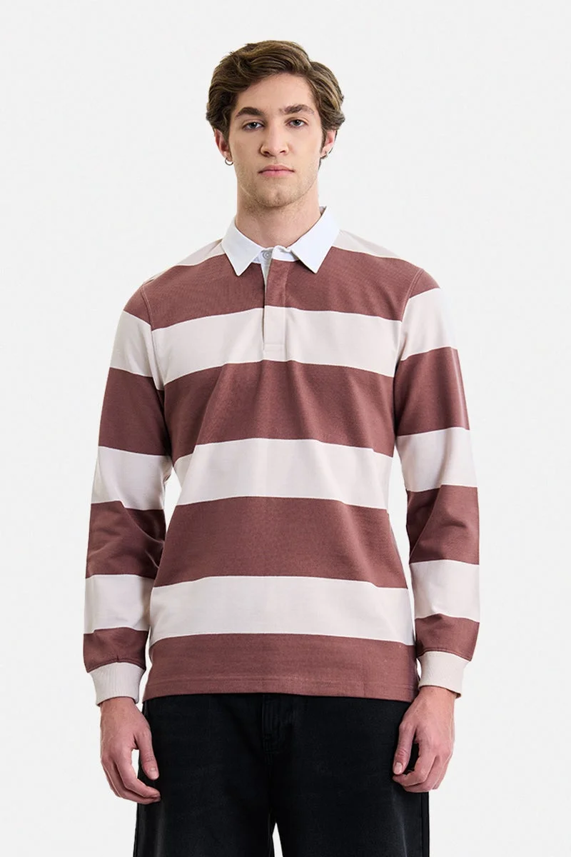 سنيتش Brown Striped Long Sleeve Slim Fit T-Shirt