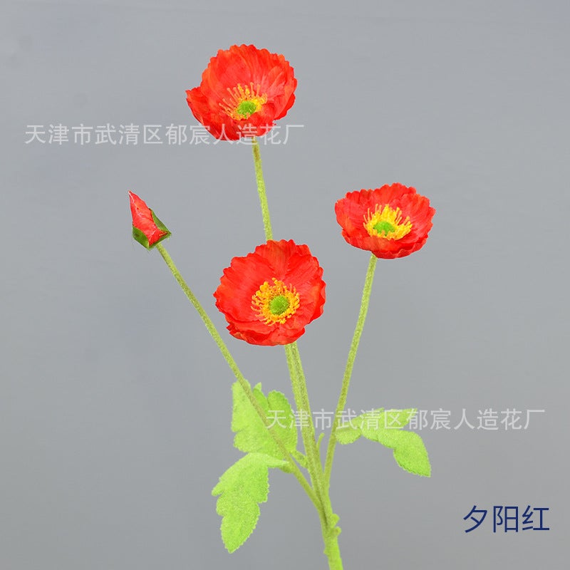 Generic Artificial Poppy Flowers 4-Head Decor Sunset Red 