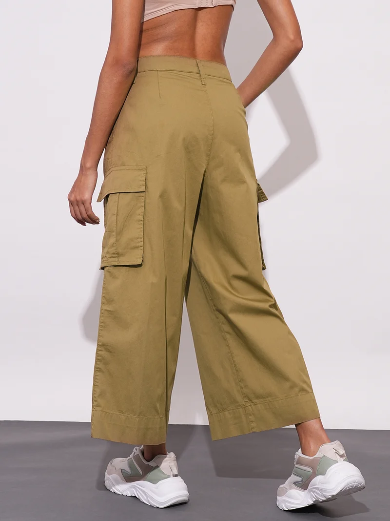 globus Women Dark Khaki Cotton Mid-Rise Cargo Style Wide Leg Trousers
