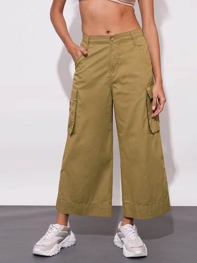globus Women Dark Khaki Cotton Mid-Rise Cargo Style Wide Leg Trousers