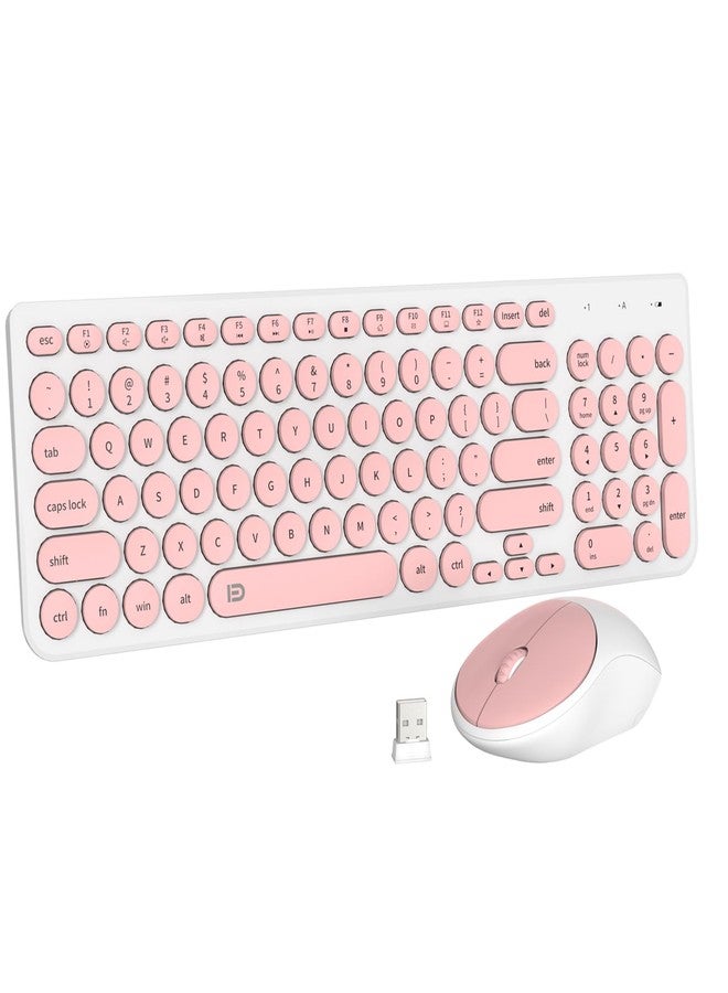 FD iK6630 Wireless Keyboard and Mouse Combo - 2.4GHz USB Cordless, Cute Round Keys, Quiet and Slim Set for Laptop, Computer, TV, and Mac - Salmon Pink & White - Image 1