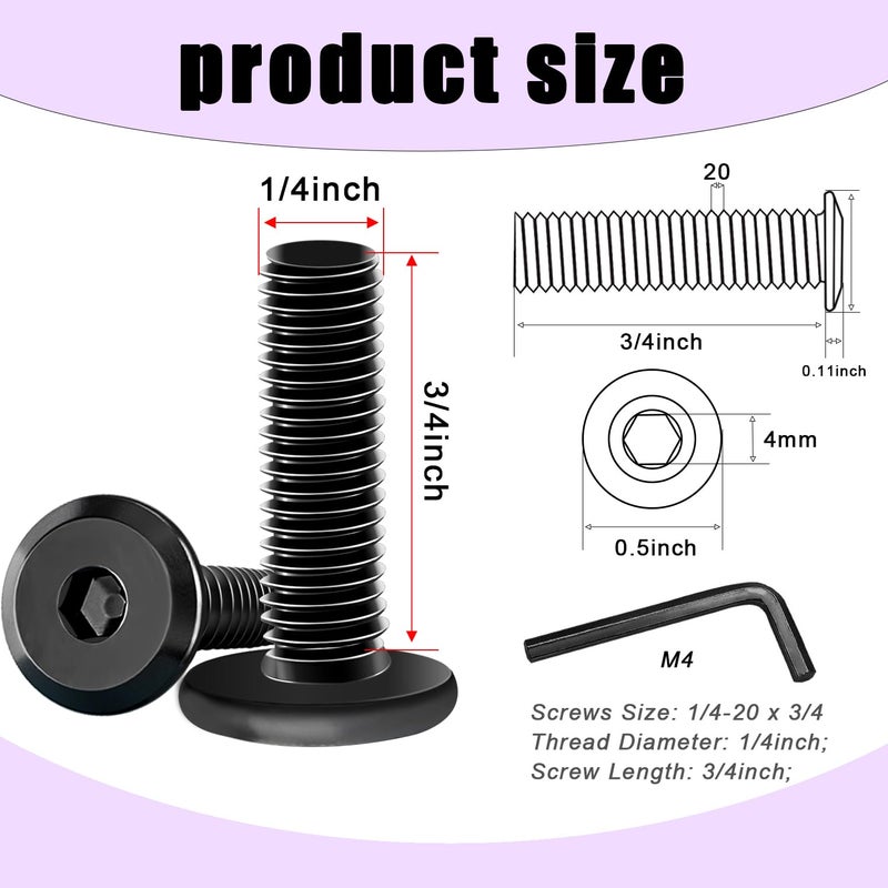 Taiss 30pcs 1/4-20 x 3/4" Flat Head Socket Head Screw,Furniture Bolts,Furniture Screws 304 Stainless Steel,1/4 Bolts Black Zinc Plated Fully Threaded,Countersunk Connector Screws with Hex Spanner - Image 2