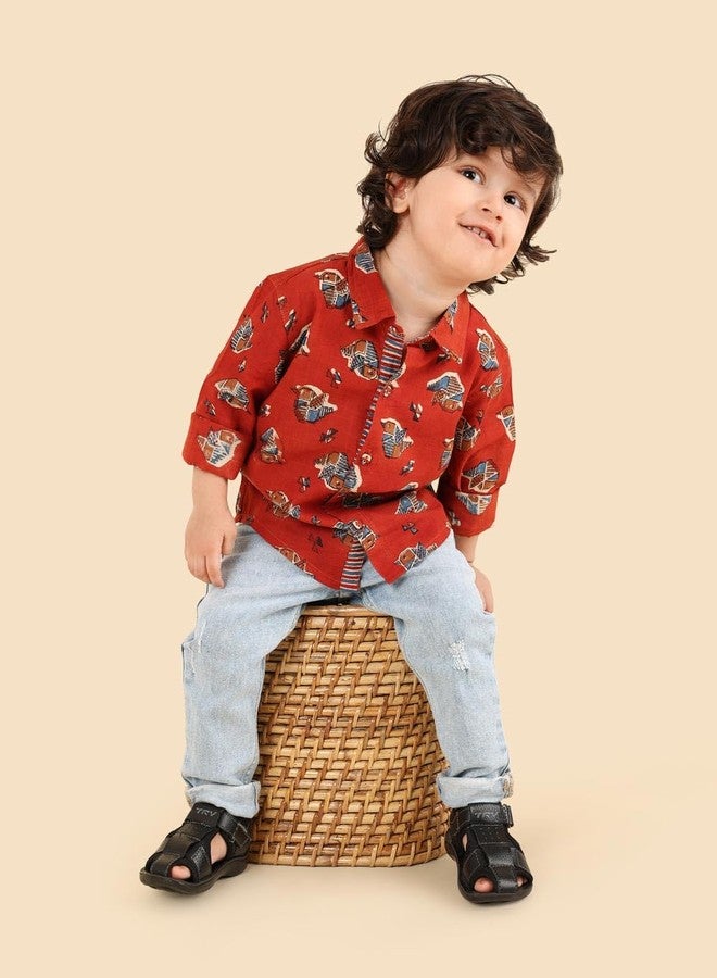 Fabindia Boys Cotton Red Bagru Regular Collar Full Sleeves Everyday Regular Fit Shirt - Image 5