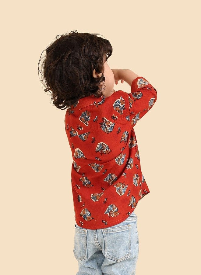 Fabindia Boys Cotton Red Bagru Regular Collar Full Sleeves Everyday Regular Fit Shirt - Image 4