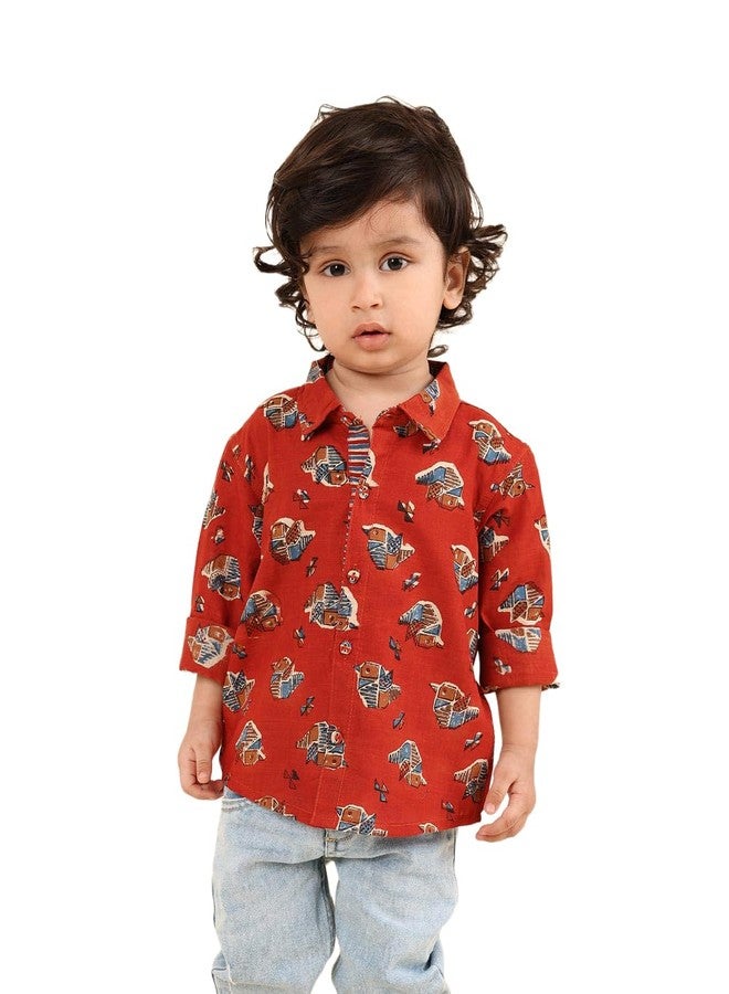 Fabindia Boys Cotton Red Bagru Regular Collar Full Sleeves Everyday Regular Fit Shirt - Image 1