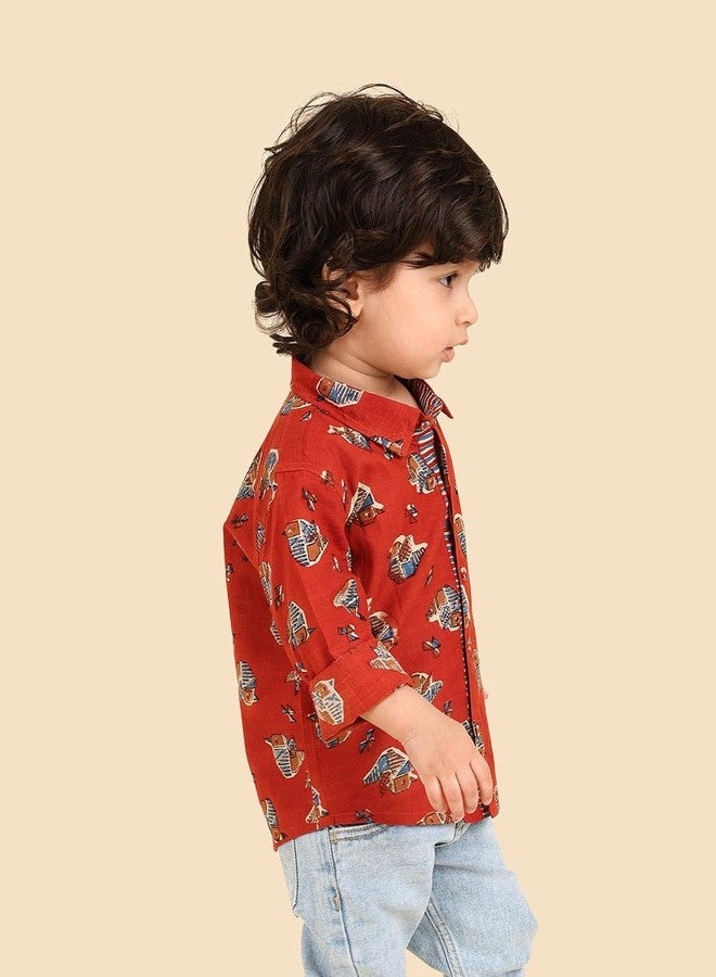 Fabindia Boys Cotton Red Bagru Regular Collar Full Sleeves Everyday Regular Fit Shirt - Image 2