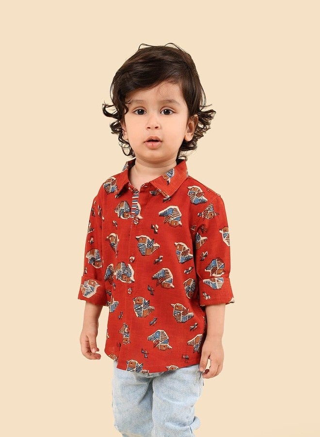 Fabindia Boys Cotton Red Bagru Regular Collar Full Sleeves Everyday Regular Fit Shirt - Image 3