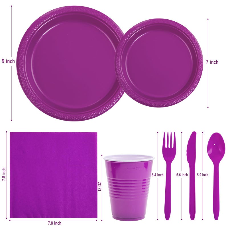 WELLIFE 210Pcs Purple Plastic Dinnerware Set  Party Supplies Including Party Plates and Cups and Napkins Sets for 30 Guests  Purple Plastic Plates - Image 1